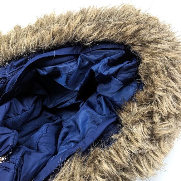 Land's End Coat Women's Size XS 2-4 Navy Down Fur Hooded - Picture 10 of 14